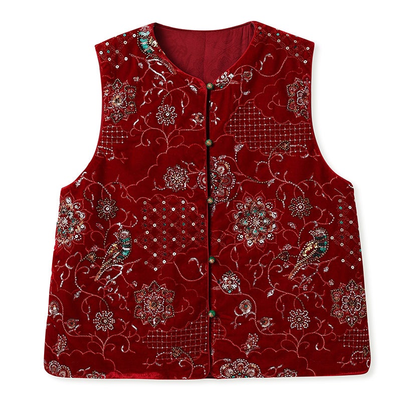 Yailla Versatile Autumn/Winter New Arrival Rich and Noble Chinese Style Heavy Embroidery Cotton Vest for Women Elegant and Versatile Sleeveless Light Luxury Vest Retro and Light Luxury Niche Design Tang Coat Suit - Image 1